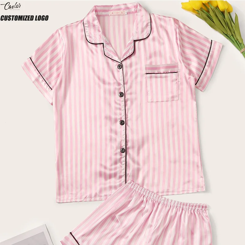L108 Wholesale best seller women stripe printed satin pajamas 2 piece short set with pocket loungewear women's sleepwear