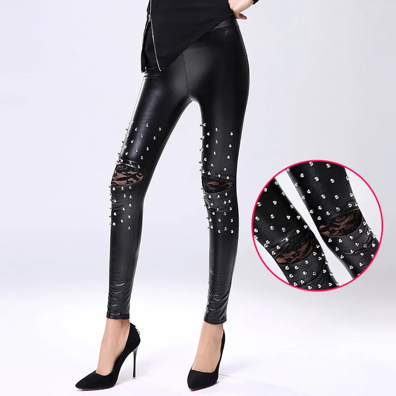 Faux Leather Pants Female Sexy Rivet 