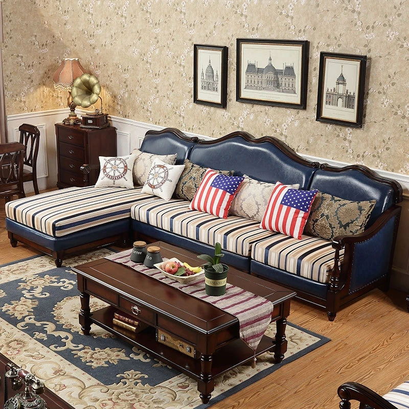 American Antique Roman Column L-Shaped Living Room Solid Wood Leather Fabric Furniture Sofa Living Room Sofa Set L Shape Sofa
