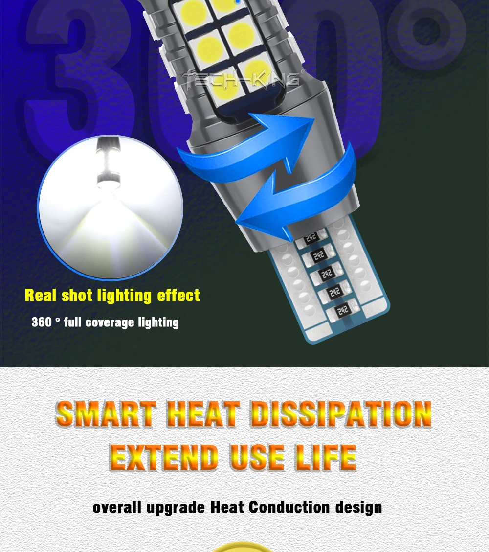 TECH-KING High Bright Lens 27SMD 3030 Led Car Reverse Light Canbus W16w Backup Lights 921 12-24V T15 Bulbs