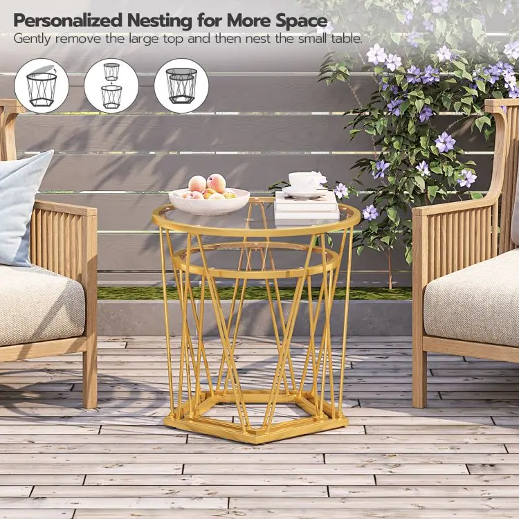 Wholesale Living Room Modern Round Nesting Glass Gold Coffee Table Set of 2 Center Table Stacking Side End Table with Storage