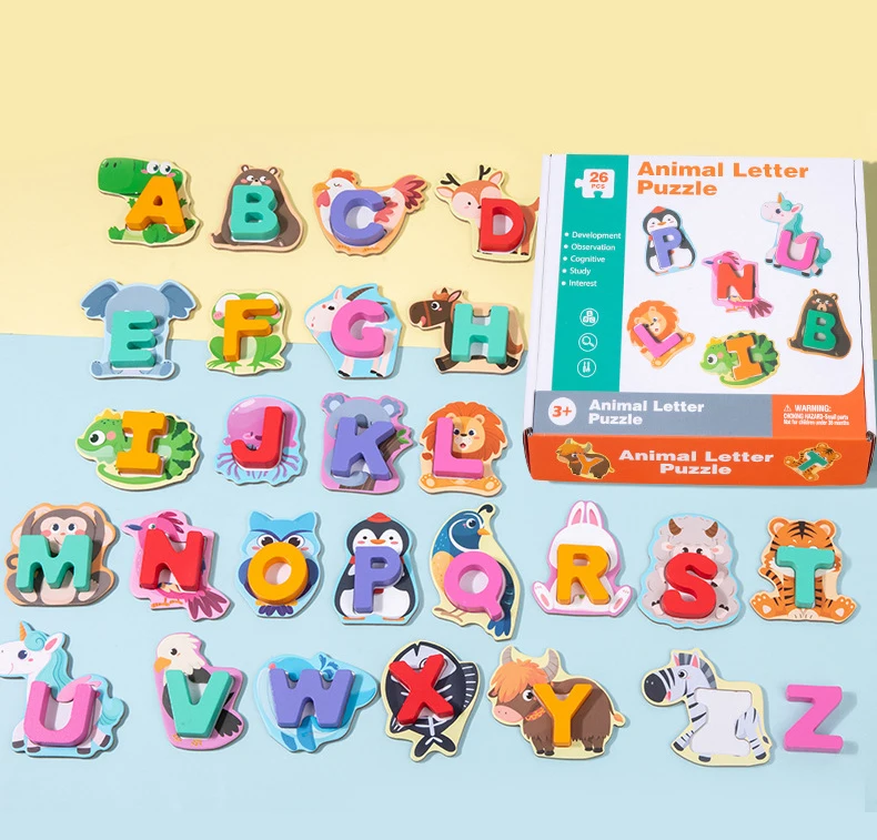 ABC – blocs de Puzzle assortis avec lettres et animaux en bois, 26 pièces, jouets d'éducation précoce pour enfants de 2 à 4 ans, détails