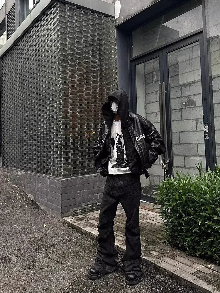 American High Street Vibe Style Niche Handmade Washed Denim Brushed Wax Coating Slim Flared Stretchy Straight Trousers Men supplier