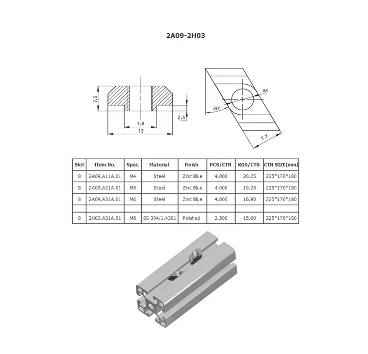 2a09 2h03 Stainless Steel Rhombus Irregular Sliding Nut M4 M5 M6 M8 For