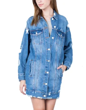 Qingzhihuo Jean Jacket Vintage blue Washed destroyed Women Long Denim Jacket Plue Size Jackets