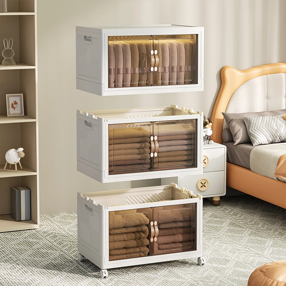 Clothes Plastic Folding Bins Box Office Bedroom Transparent Foldable Double Door 5 Shelf Drawers Storage Cabinet