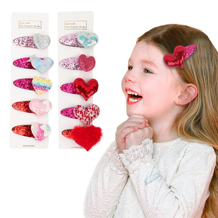 5pcs/set New Style Sweet Plush Hearts Cute BB Hair Clips Snap Hairpin Hair Grips For Children