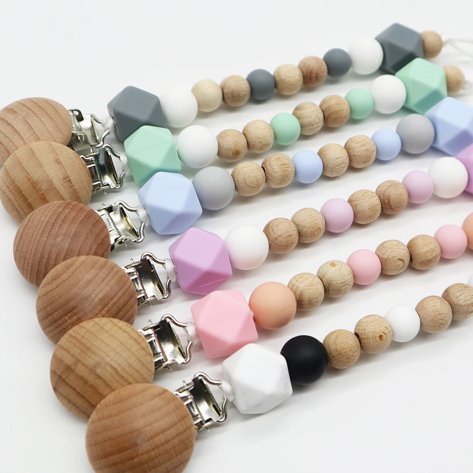 Baby Pacifier Clip Chain Wood Cross Sections Beads dummy Holder Feeding Teether 