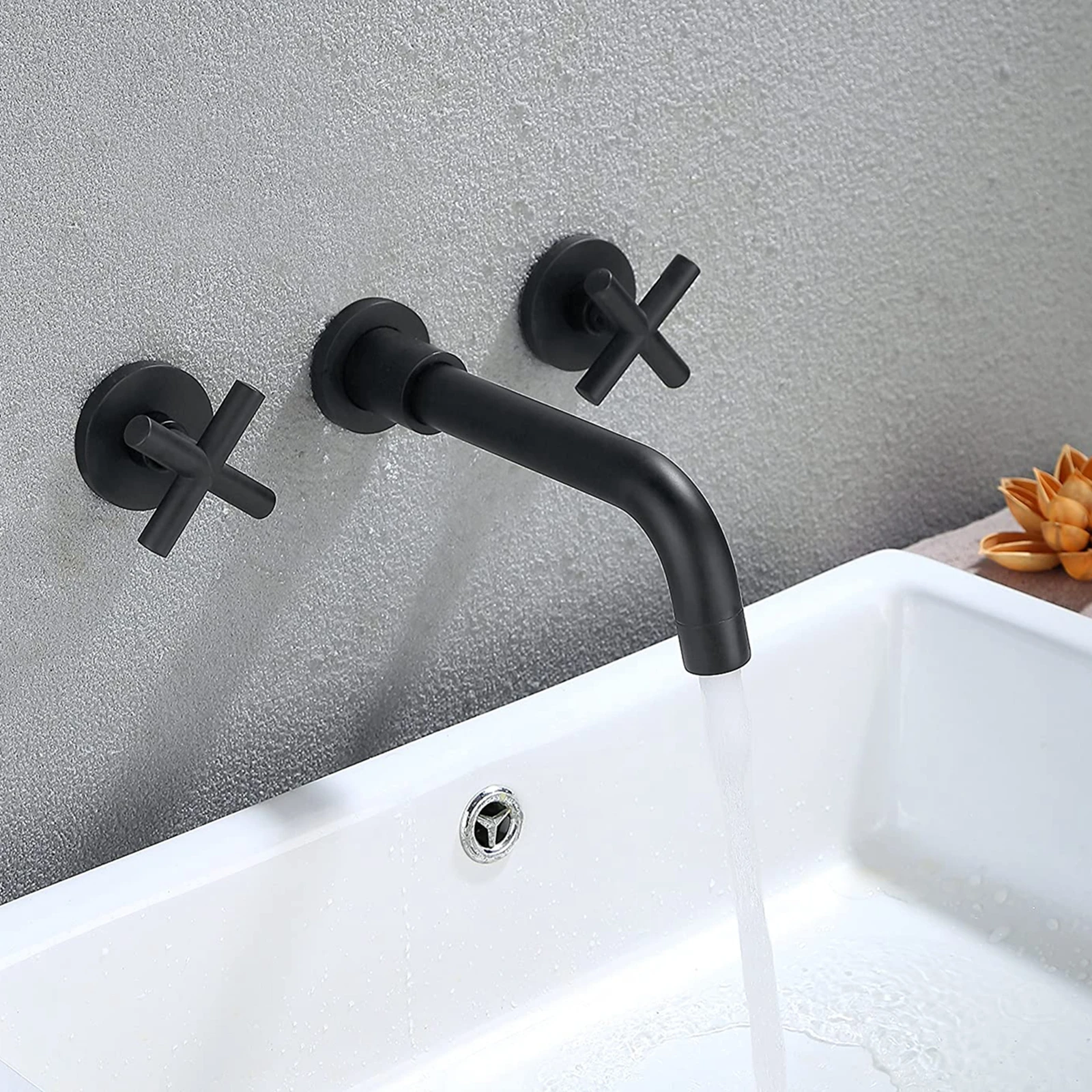 Modern 3 Hole Wall Mounted Hot Cold Water Tap Matt Black Finish Brass 2 Handle In-wall Wash Basin Mixer