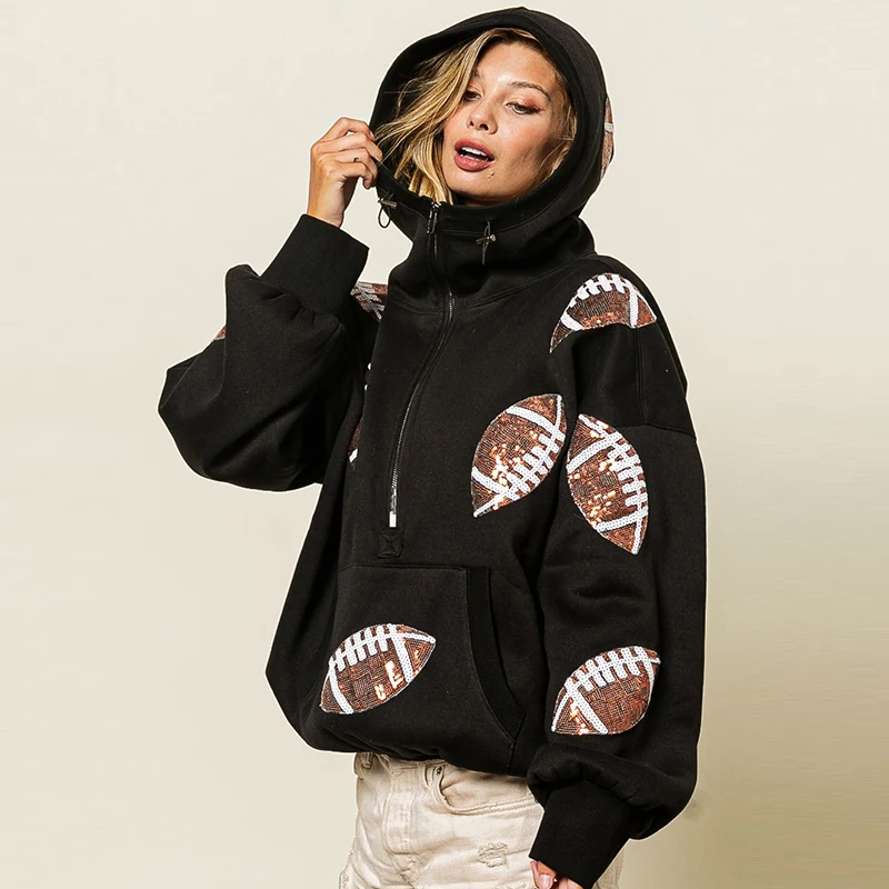 Custom Woman Sequined Pullover Long Sleeve Pocket Zip Sequin Football Hoodie For Women