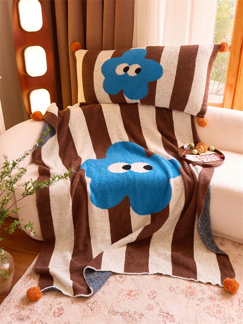 product new arrival polyester  cartoon blue flower vertical stripe jacquard knitted throw blanket  for office  home decoration ld-56