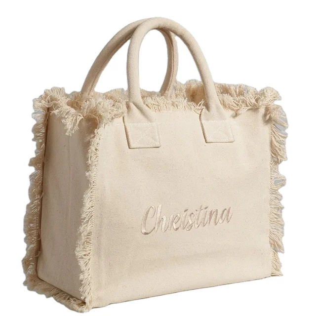 2023 wholesale fashion summer holiday women ladies saint barth canvas cotton beach tote bag tassel embroidery handbags