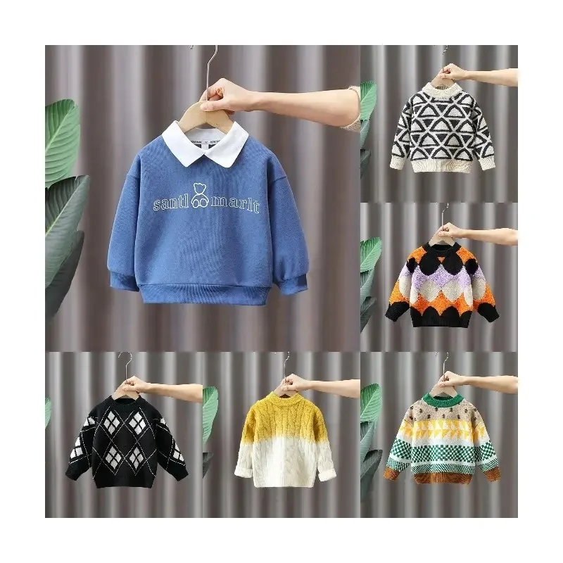 2024 new children's clothing pure solid color pullover boys sweaters button kids knitted sweater