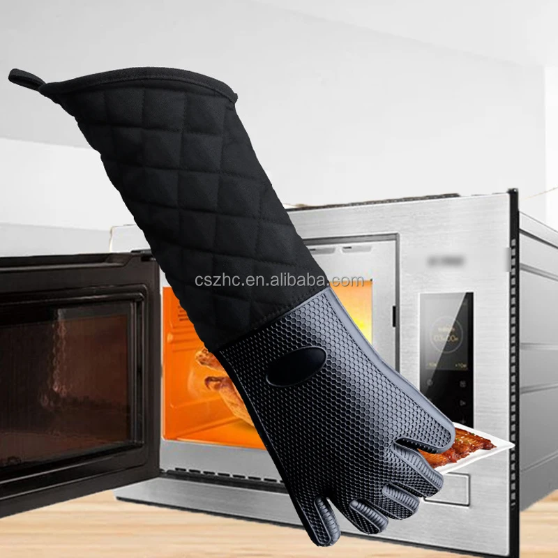 Extra Long 60cm Household BBQ Grill Oven Mitts, Heat Resistant Honeycomb Silicone Cotton Gloves supplier