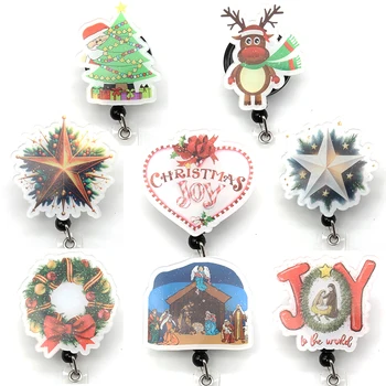 Wholesale Christmas Badge Holder Christmas Tree Santa Claus Acrylic Holiday Decoration Badge Reel For Nurse Gifts Accessories