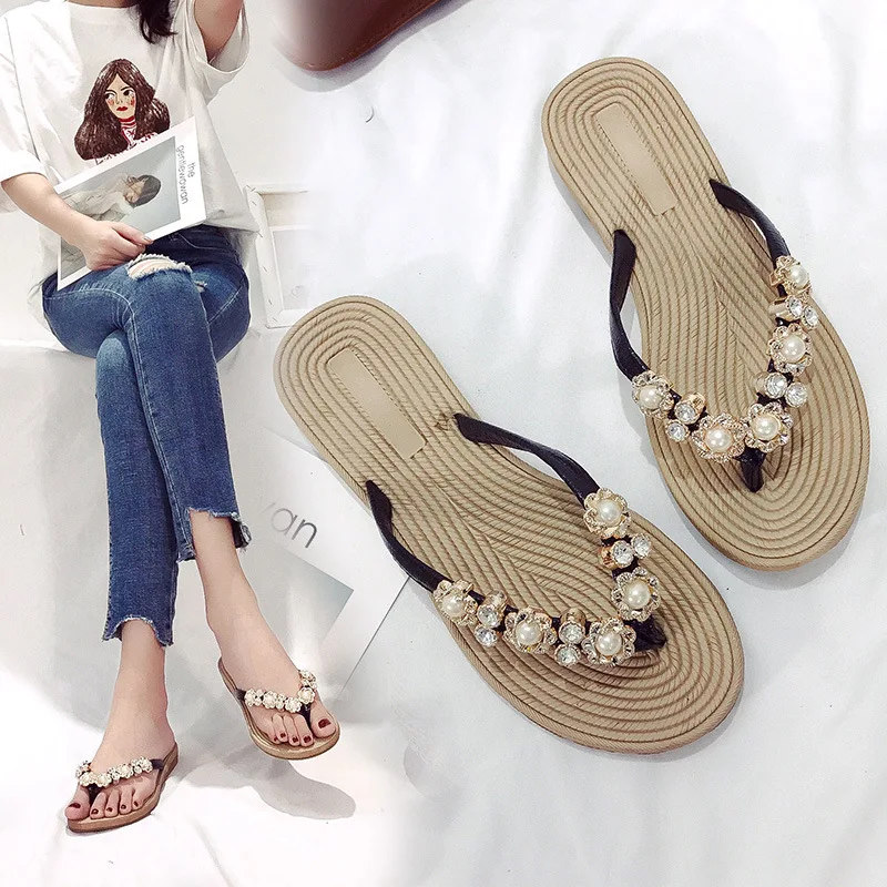 New style sandals women's bohemian style small flowers flip flops flat-bottomed large size slippers