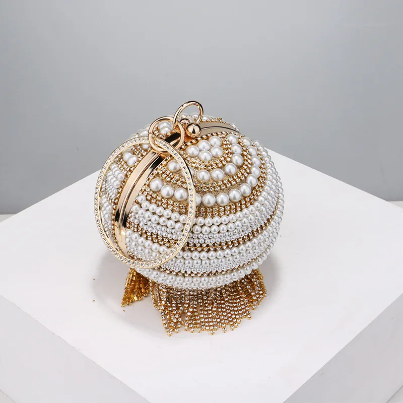 Amiqi MRY71 Women Evening Tassel Crystal Rhinestone Ball Bag Round Beaded Wedding Bride Clutch Diamonds Purse Handbags