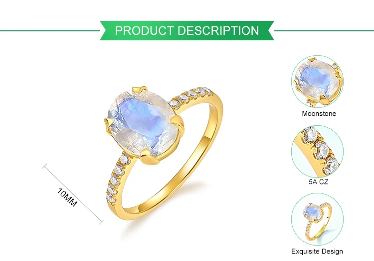 Women Retro 925 Sterling Silver Moonstone Jewelry Yellow Gold Plated Natural Gemstone Africa Moonstone Vintage Ring