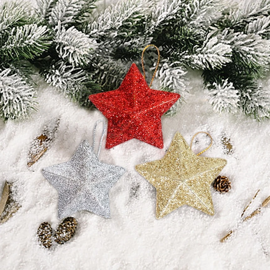 6 PCS glitter mini star pendant Christmas tree hanging ornament craft 5cm plastic for Xmas party home decoration accessories