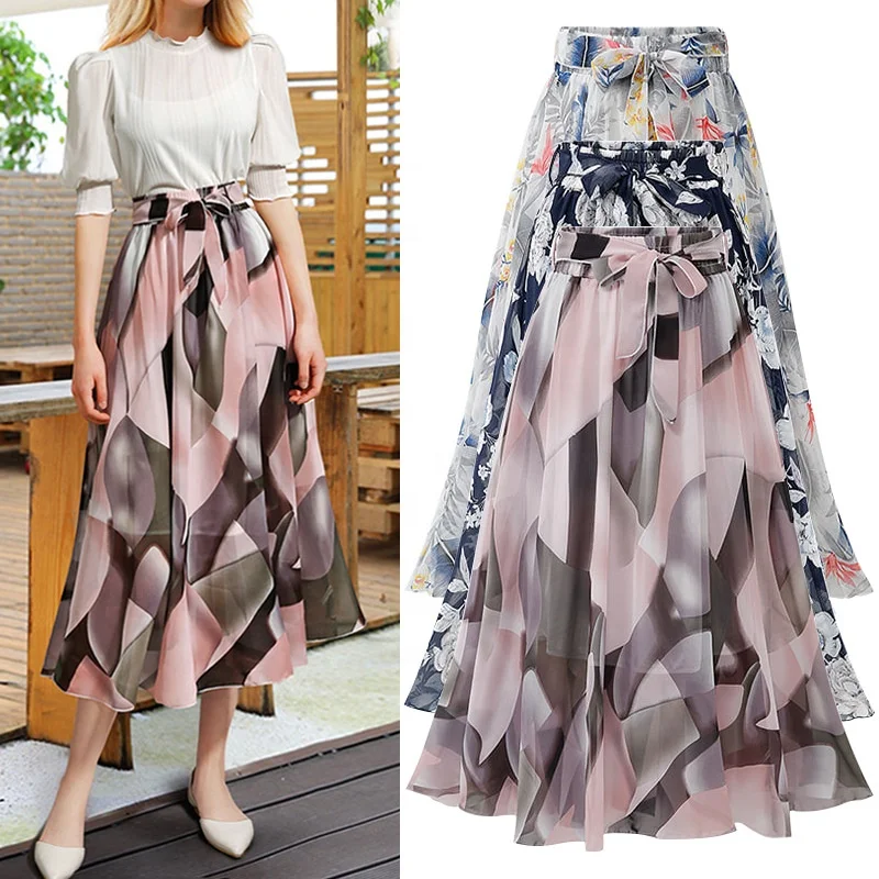 Women Tutu Tulle Skirt Elastic High Waist Layered Skirt Floral Print Mesh A-Line Midi Skirt