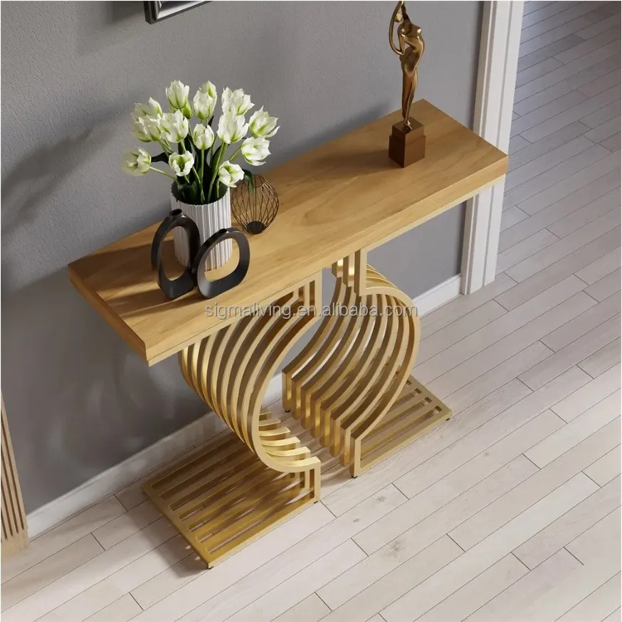 Modern narrow geometric metal base walnut entryway table console table