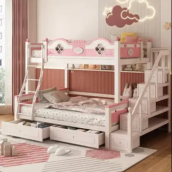 Manufacture Customize European Style Modern Pink Twin Bed For Kids Children Girl Bed Room Princess Wooden Bunk Bed With Storage