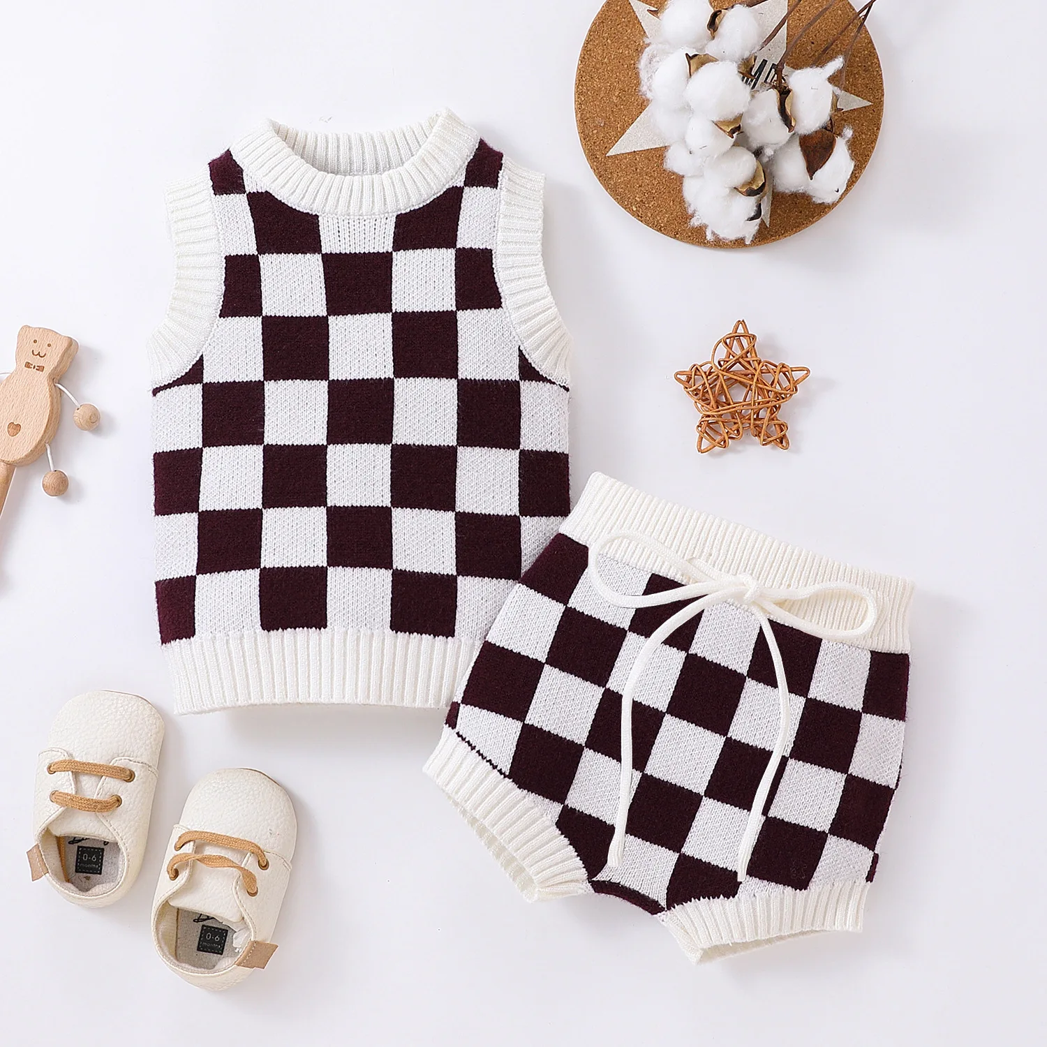 Fall/winter 2023 New Children's Plaid Sweater Set Boy And Girl Baby Sleeveless Top Shorts Two-piece Suit Skin-friendly Clothes