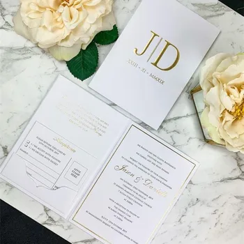 Custom Printing Pocket Fold Hard Cover Invites Gold Foil Embossing Wedding Invitations Luxury Cards