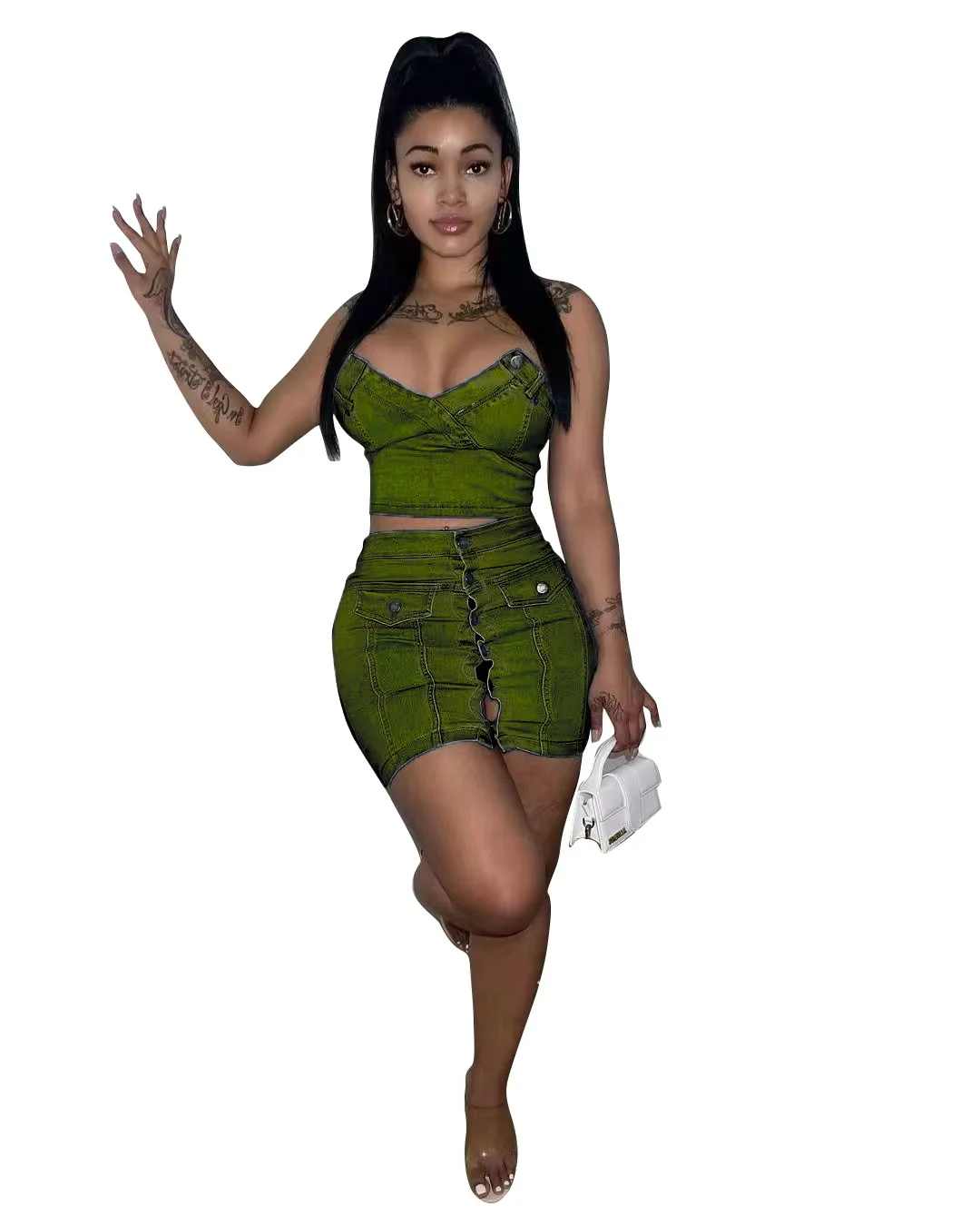 Latest Design Cotton Wash Denim Outfit for Women Sexy Strapless Crop Top High Waist Button Jean Mini Skirt 2 Piece Set manufacture