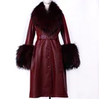 High Quality Women Plus Size Coats Ladies Curly Fur Collar Long Leather Trench Coat