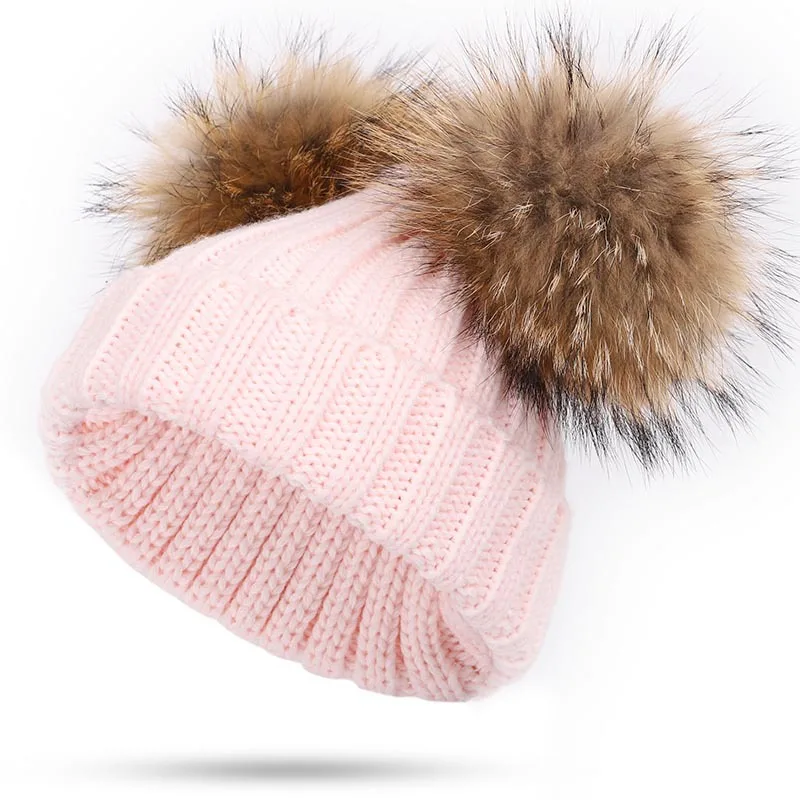 Baby Toddler kids Hat With Real Fur Pom 