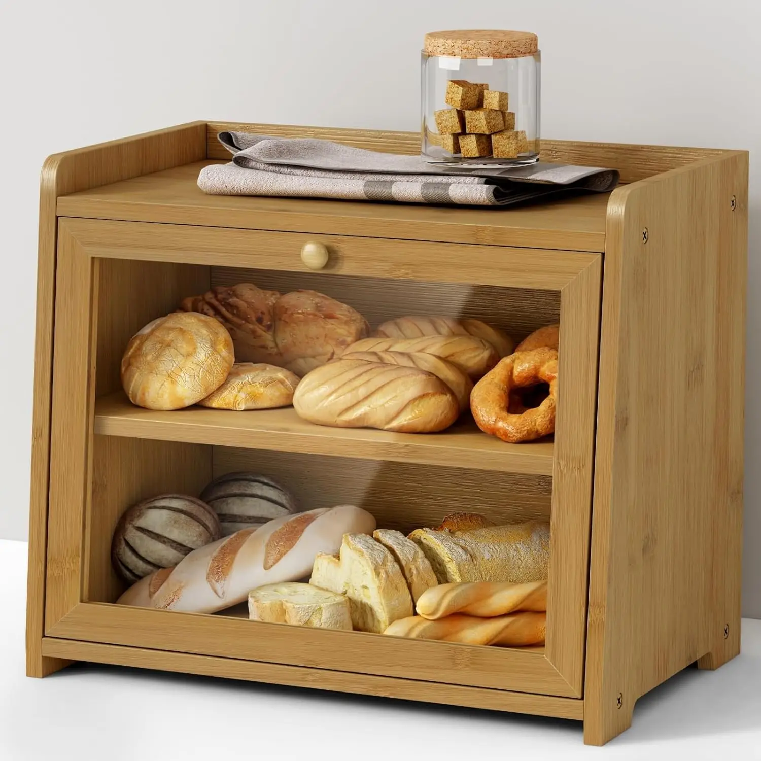 product bamboo bread box vintage wooden kitchen counter organizer storage cabinet for bread coffee spices snacks in bedroom bathroom-6