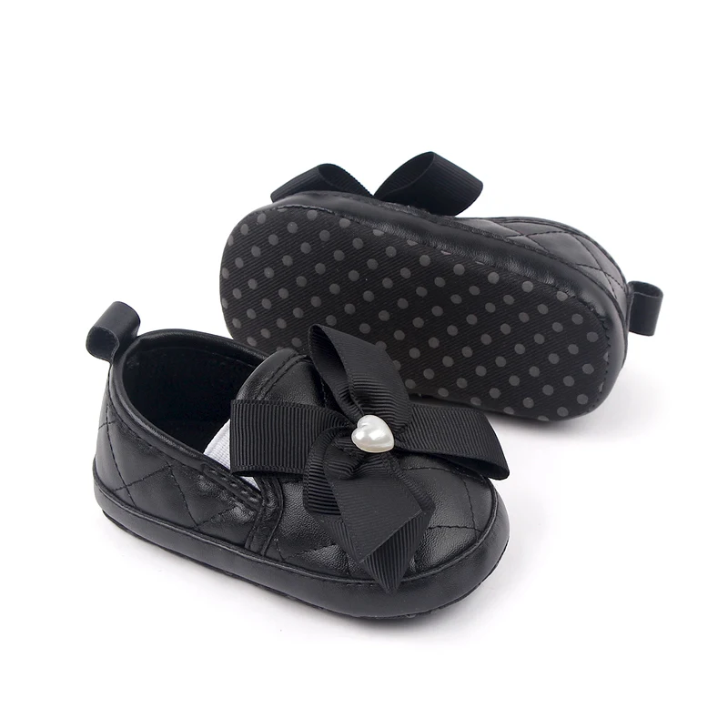 Soft Soled Big Bow Infant Shoes Diamond Check PU Leather Shoes 0-1 Year Old Baby Girls Walking Shoes details