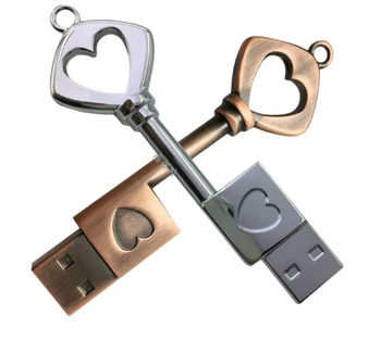100% real capacity stainless steel heart key shape USB flash memory, metal key usb flash drive storage device