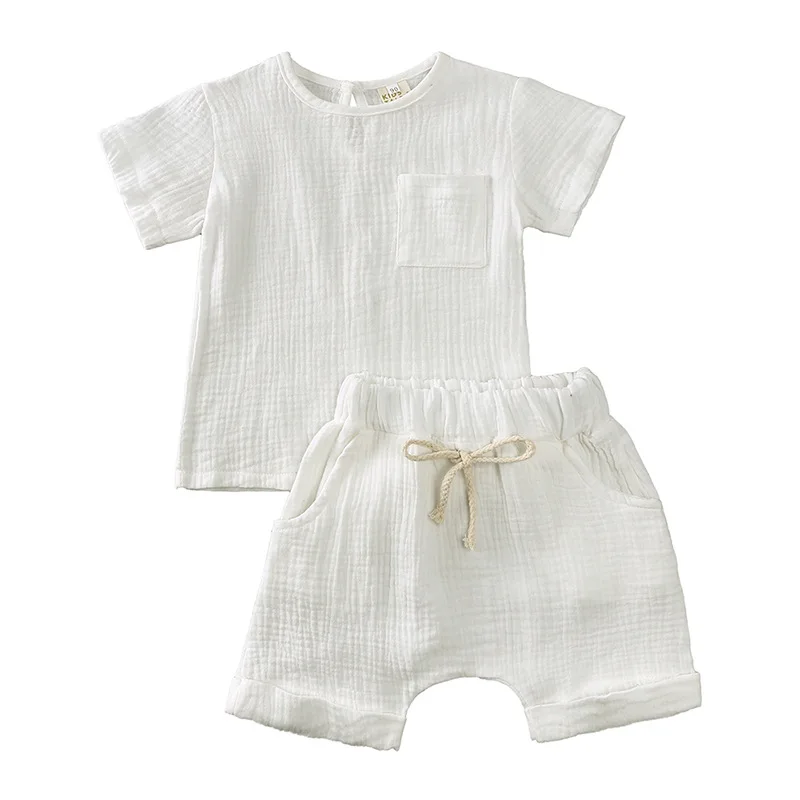 Wholesale OEM 100% Cotton Muslin Boy Toddler Clothes Sets Soft Short Sleeve T Shirt Short Set Two Piece Summer Baby Boy Clothing