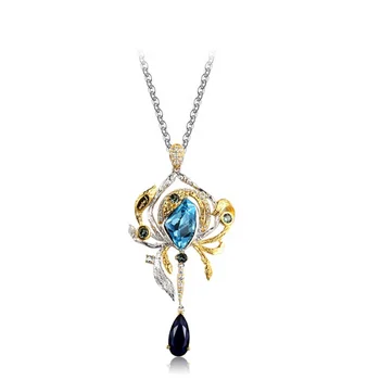 Dangling Crystal Plated 925 Sterling Silver Pendant with Blue Spinel