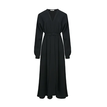 V-Neck Long Black Midi A-Line Fit Flare Chic Summer Casual Street style elegant solid color luxury designer premium dress