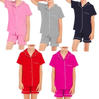 2022 new designer stock children big girls sleepwear unisex girls' bamboo cotton pajamas solid soft kid pyjama set