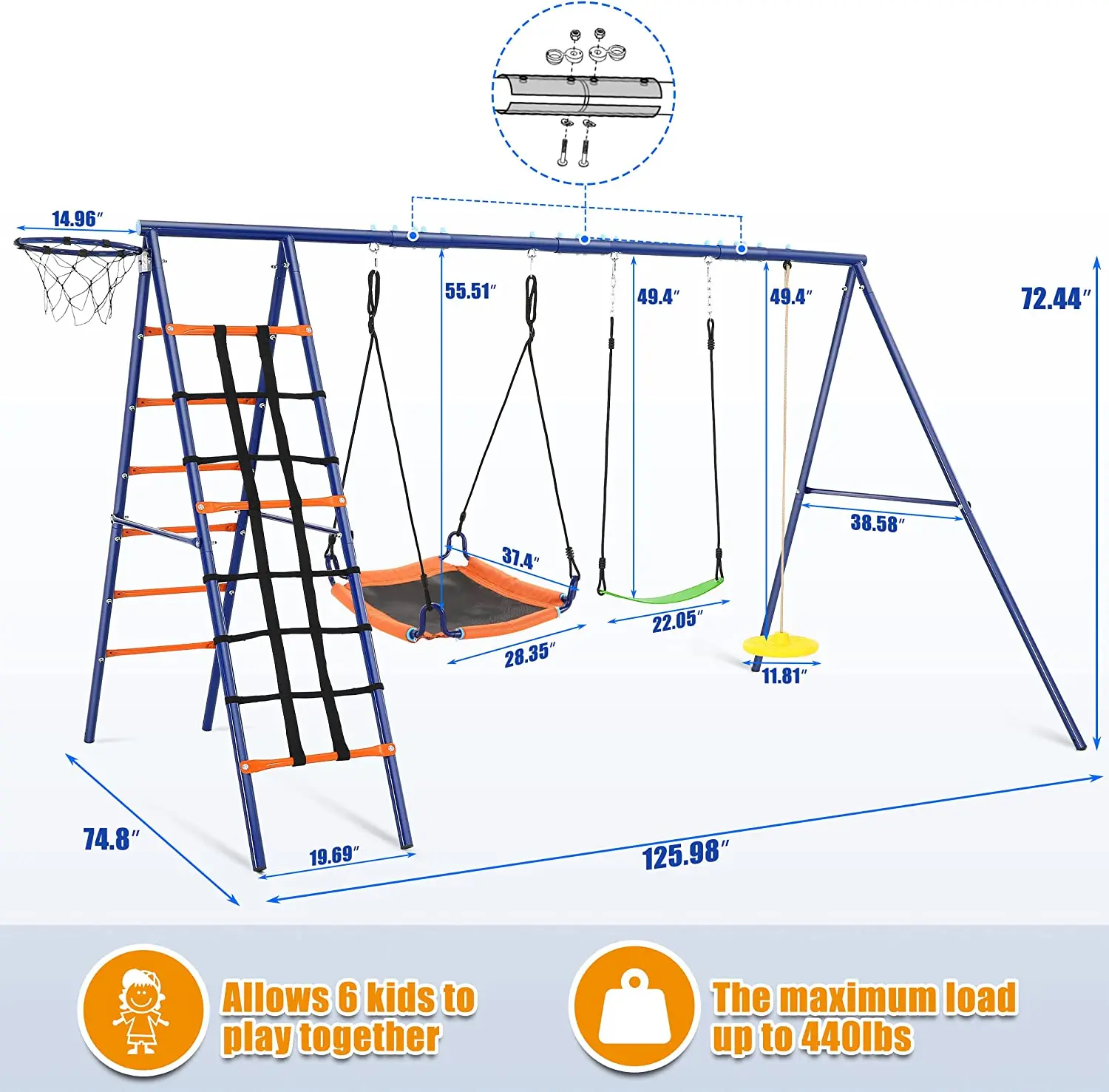 IUNNDS New Design Outdoor Metal Swing Set Kids Playground Equipment With Basketball Hoop,Children Climb Rope Ladder