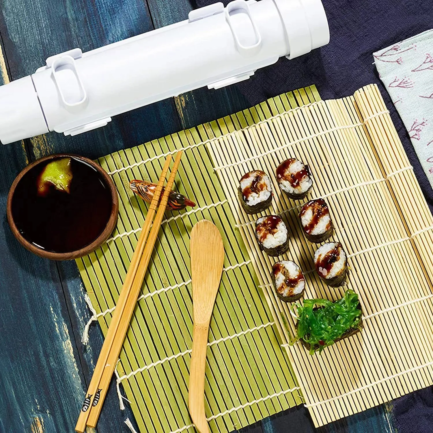 Sushi Bazooka Maker with Bamboo Mats Bamboo Chopsticks Avocado Slicer Paddle, Spreader Sushi Knife Sushi Making Kit