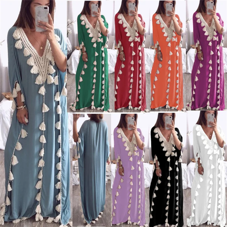 Women 1 Piece Loose Plus Size Dress With Tassel Muslim Dress For Lady