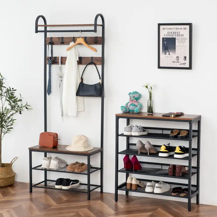 Wholesale Hall Tree with Shoe Bench and Coat Hooks Industrial Style Shoe Storage Clothes Organizer All-in-one