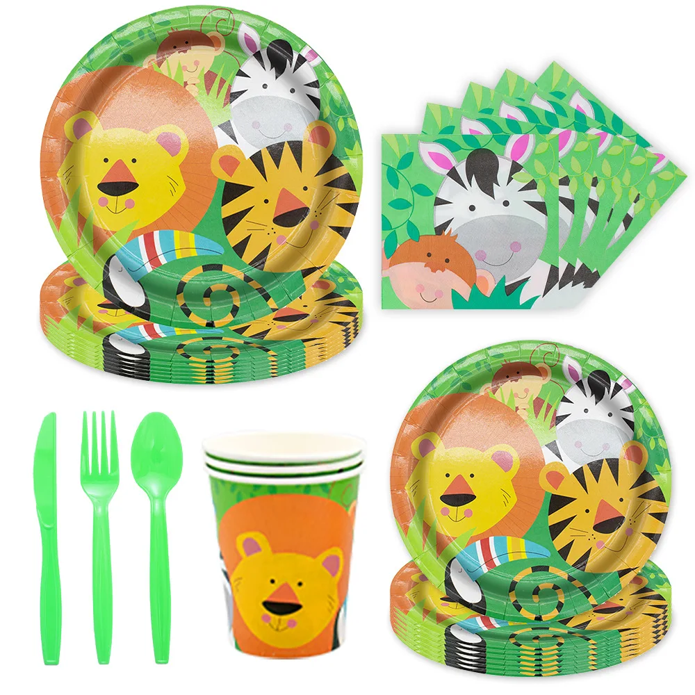 Customized Green Animal Theme Birthday Party Supplies Animal Pattern Disposable Tableware Party Decoration Set Paper plate