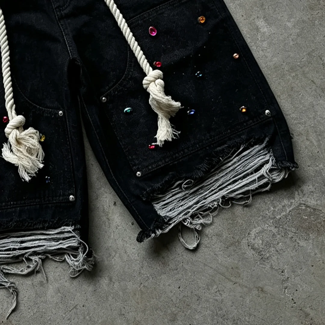 product custom men streetwear flared denim shorts double waist design abrasion distressing embroidered patches rhinestone decoration-3