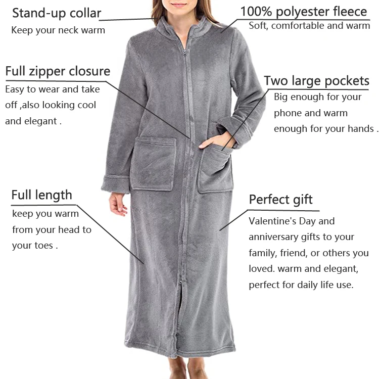 cheap adults coral fleece bathrobe full length polyester fleece bath robe with zipper /plush zipper lounger robe housecoat