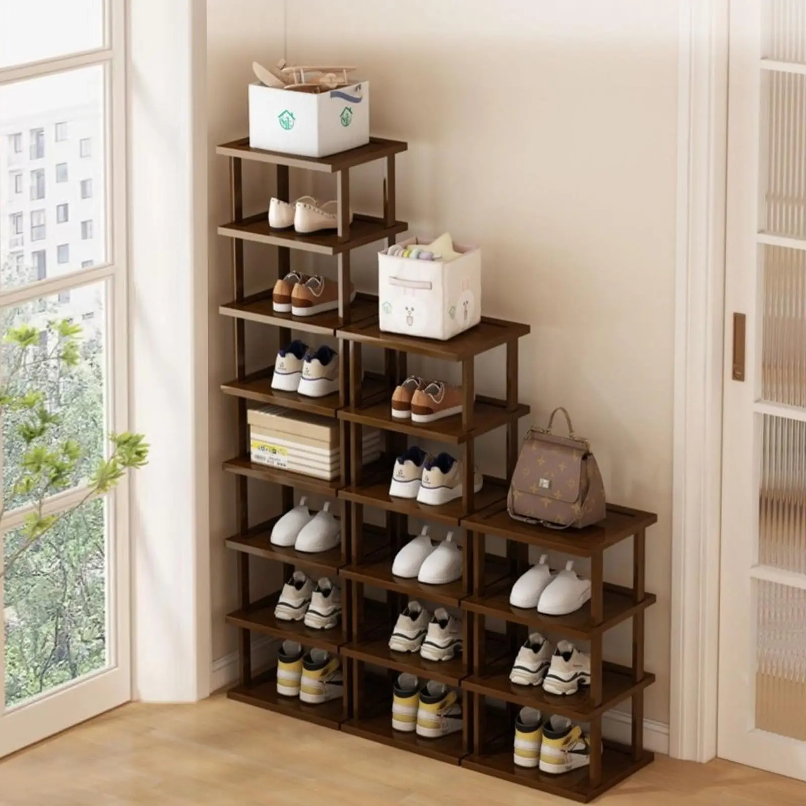 product custom bamboo shoe rack vertical shoe organizer with sturdy shelves entryway storage stand for wardrobes corners doorways-6