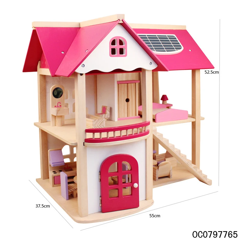 Kids 2 floors small wooden doll house toys for children with wood furniture