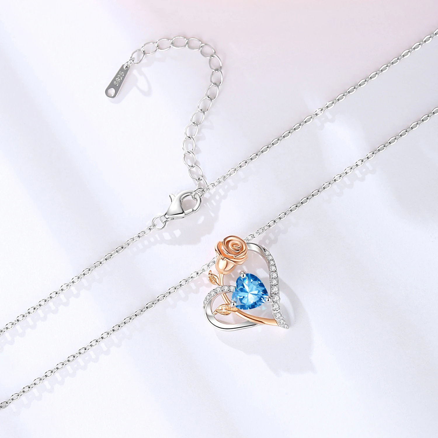 CDE YN1172 Silver Birthstone Jewelry 925 Sterling Silver Heart Necklace For Women Rose Flower Crystal Heart-Shaped Necklace