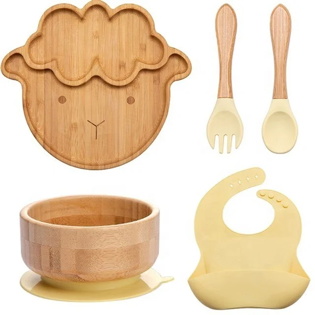 Baby Products Bamboo Silicone Suction Plate Bowl And Spoon Set Cartoon Dinner Plate For Kids Children Bamboo Baby Feeding Sets