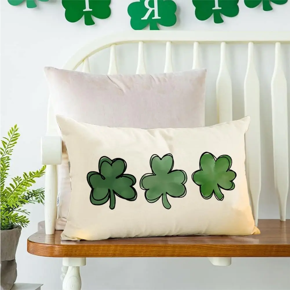 RABUSOFA St. Patrick's Day Decorative White Throw Pillows 12x20 Inch Lucky Clover Cushion Case Green Shamrock Sofa Decoration He7d1246aa84b411f8f8d8bb7ad9ee56dV